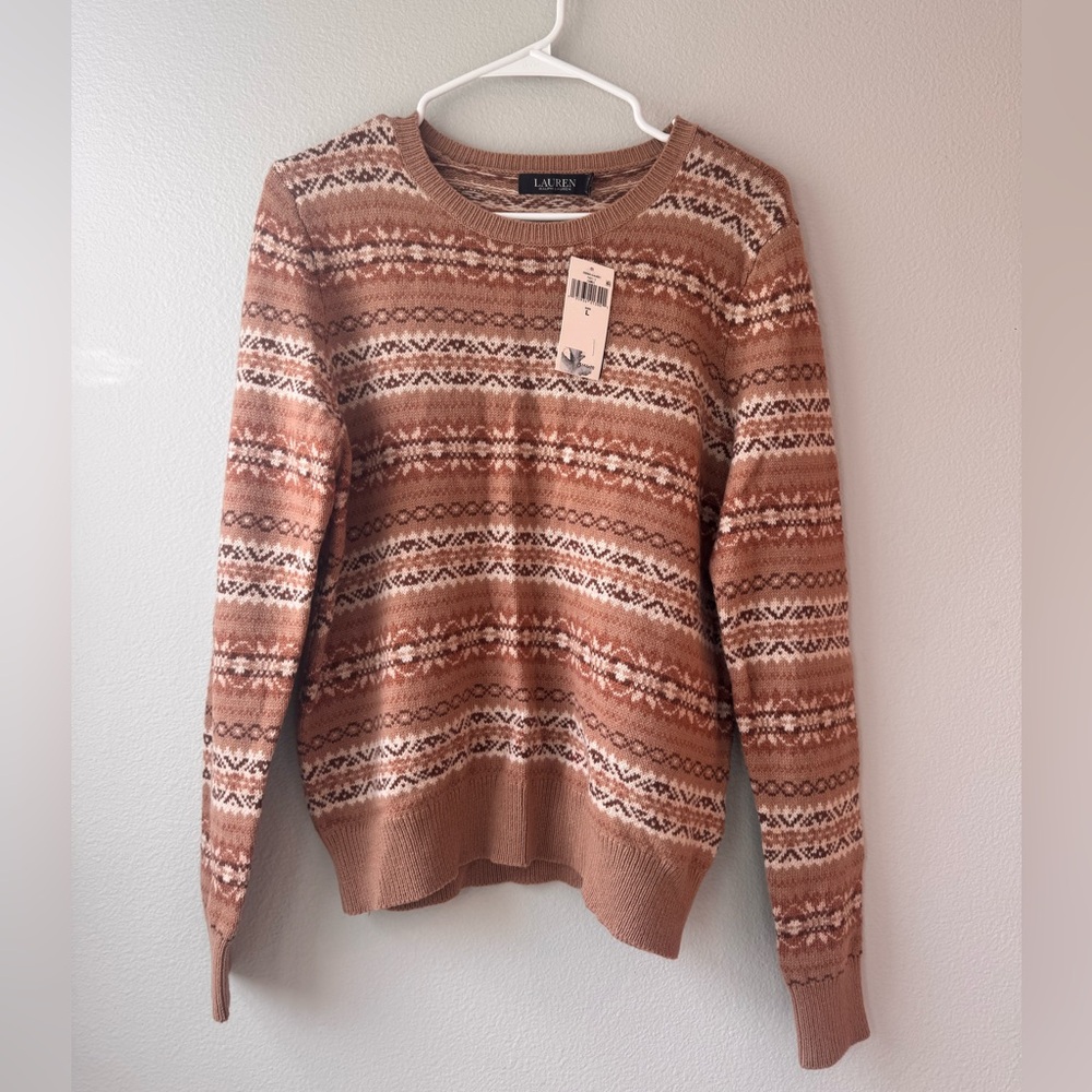 Ralph Lauren Tan & Cream Fair Isle Crewneck Sweater Preppy Cozy Soft Sz Large